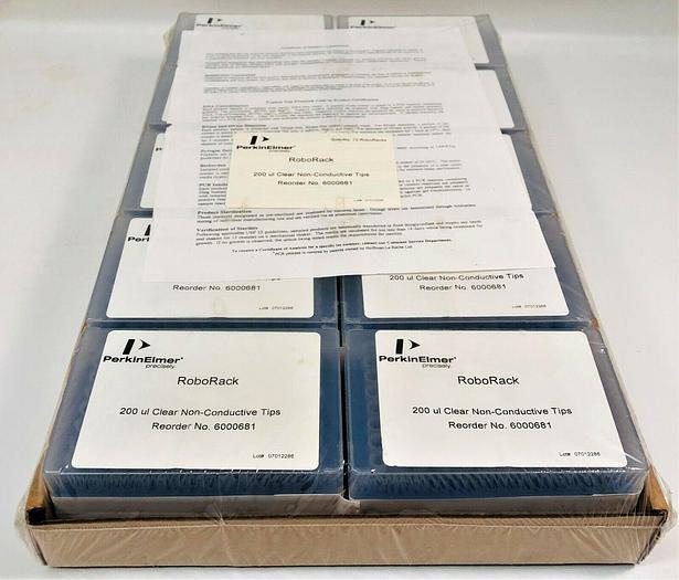 New open box Perkin Elmer RoboRack 6000681 Clear Tips - 200µL (Box of 10 Trays)