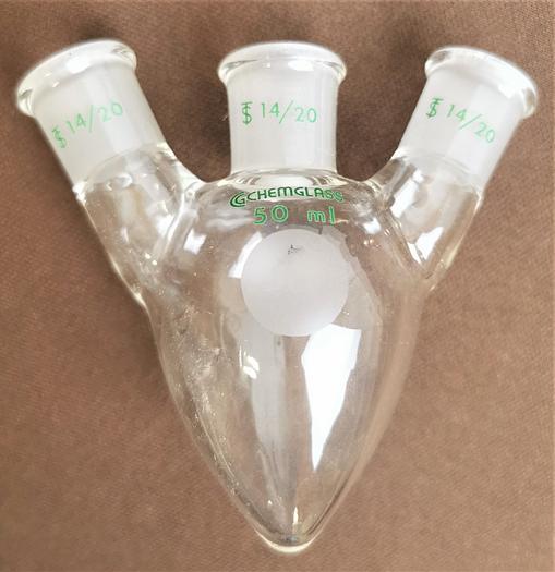 Used ChemGlass CG-1559-04 Pear-Shape 3-Neck Flask - 50mL