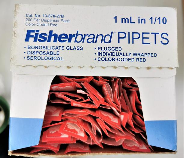 New Open Box Fisherbrand 13-678-27B Sterile Glass Disposable Serological Pipets - 1mL in 1/10 (Pack of 166)