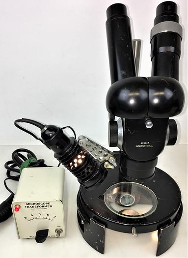 Used International Binocular Stereo Microscope with Variable Transformer and Lamp - 7.56X to 48X